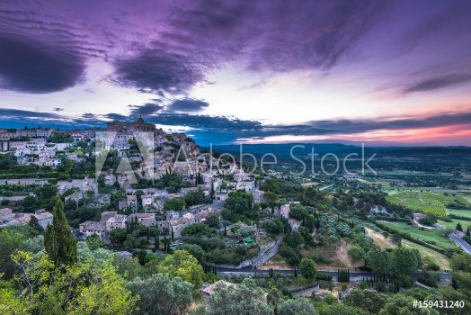 Picture of Rising sun over valley with Gordes town
